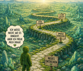 Eine grüne, vollständig bewachsene Gestalt steht am Beginn eines langen gewundenen Weges durch eine weite Felslandschaft. Entlang des Weges weisen Schilder auf neue Entdeckungen, genossene Umwege, kleine Pausen und Dinge zum Staunen hin. Die Gestalt denkt: „Ich weiß nicht, wo es hingeht. Aber ich freue mich drauf.“ Über und unter der Szene steht: „Kein Filmmarathon. Ein Entdeckungs-Spaziergang.“ sowie „Am Ende zählen die Erinnerungen, nicht die Kilometer.“
