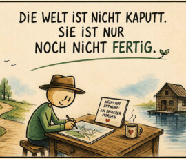 Eine kleine Figur mit Hut sitzt an einem Holztisch am Wasser und zeichnet eine neue Landschaft. Im Hintergrund stehen ein schlichtes Haus am See sowie kahle und bereits begrünte Bäume. Über der Szene steht: „Die Welt ist nicht kaputt. Sie ist nur noch nicht fertig.“ Ein Schild auf dem Tisch trägt die Aufschrift: „Nächster Entwurf: Ein besserer Morgen.“