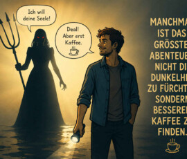 Ein Mann mit Taschenlampe begegnet in einer düsteren Umgebung einer hochgewachsenen schwarzen Gestalt mit roten Augen und Dreizack. Die Gestalt fordert: „Ich will deine Seele!“, worauf der Mann gelassen antwortet: „Deal! Aber erst Kaffee.“ Rechts steht: „Manchmal ist das größte Abenteuer: nicht die Dunkelheit zu fürchten, sondern besseren Kaffee zu finden.“ Eine kleine dampfende Tasse ergänzt die humorvolle Botschaft.