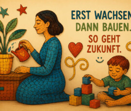 Eine Frau gießt eine große grüne Pflanze, während neben ihr ein Junge aus bunten Würfeln einen Turm errichtet. Figuren, Pflanze, Sterne und Herzen wirken wie aus kleinen Mosaiksteinen zusammengesetzt. Die beiden Tätigkeiten stehen sinnbildlich für Entwicklung und Gestaltung. Dazu lautet die Botschaft: „Erst wachsen. Dann bauen. So geht Zukunft.“