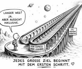 Eine kleine Figur mit Rucksack steht am Anfang einer gewaltigen Treppe, die über hohe Bögen bis weit in den Weltraum führt. Planeten und Sterne schweben über einer kargen Berglandschaft, während ein Schild als Ziel „Irgendwo Großartiges“ nennt. Die Figur sagt: „Langer Weg? Ja. Aber Aussicht inklusive“, und am Treppenaufgang steht: „Kein Express. Aber legendär.“ Darunter lautet die Botschaft: „Jedes grosse Ziel beginnt mit dem ersten Schritt.“
