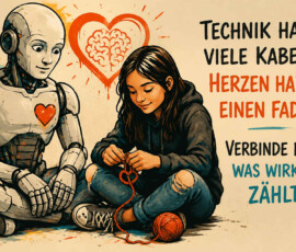 Ein humanoider Roboter und eine junge Frau sitzen nebeneinander auf dem Boden, während die Frau mit roter Wolle ein Herz knüpft. Der Roboter trägt ebenfalls ein rotes Herz auf der Brust, und hinter beiden verbindet ein großes Herzsymbol Herz und Gehirn. Der Bildtext lautet: „Technik hat viele Kabel. Herzen haben einen Faden.“ Darunter steht: „Verbinde das, was wirklich zählt.“