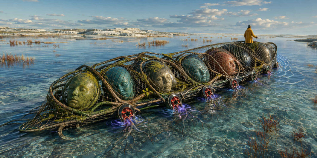 Ein langer, wurzelartig gebauter Wagen bewegt sich durch klares, seichtes Wasser. Unter einem groben Netz liegen große verschiedenfarbige Kugeln, aus denen ruhige menschliche Gesichter hervortreten. Räder mit roten Sternen erzeugen violette Strömungen unter der Oberfläche. Am hinteren Ende steht eine einzelne Person im gelben Mantel und steuert das Gefährt.