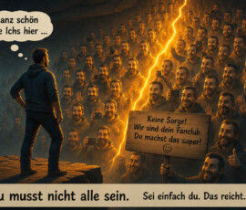 Ein Mann steht auf einem Felsvorsprung und blickt auf eine riesige Menschenmenge, die ausschließlich aus lächelnden Doppelgängern seiner selbst besteht. Ein leuchtender Riss zieht sich durch die Menge, während er denkt: „Ganz schön viele Ichs hier …“ Einer der Doppelgänger hält ein Schild mit der Aufschrift: „Keine Sorge! Wir sind dein Fanclub. Du machst das super!“ Unter dem Bild steht: „Du musst nicht alle sein. Sei einfach du. Das reicht.“