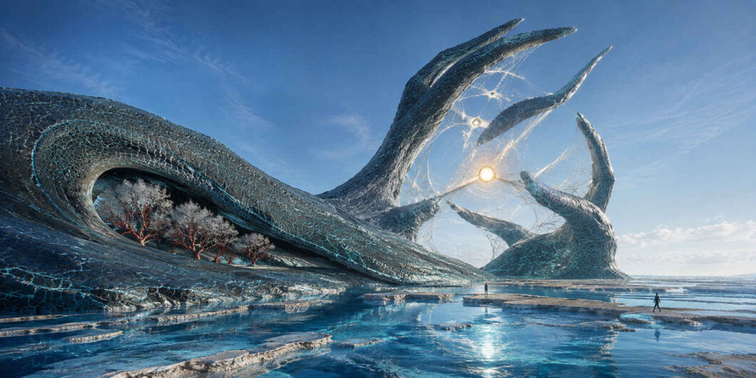 Riesige dunkelblaue, flossen- und handartige Formen wachsen aus einer flachen Wasserlandschaft empor. Zwischen ihren Spitzen ist ein feines weißes Netz gespannt, in dessen Mitte die Sonne wie eine gefangene Lichtkugel hängt. Unter einem seitlichen Bogen stehen weiß belaubte Bäume mit roten Stämmen. Zwei winzige Menschen durchqueren die spiegelnde Ebene.