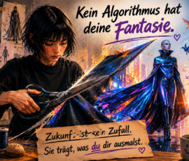 Eine Künstlerin schneidet mit einer großen Schere farbenprächtig bemalten Stoff zu. Aus dem Stoff scheint eine futuristisch gekleidete Frau hervorzutreten, begleitet von bunten Vögeln und einer leuchtenden Großstadt. An der Wand steht: „Fantasie ist Planung in Freiheit.“ Die Hauptbotschaft lautet: „Kein Algorithmus hat deine Fantasie. Zukunft ist kein Zufall. Sie trägt, was du dir ausmalst.“