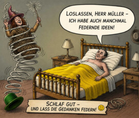 Ein Mann liegt in einem altmodischen Messingbett, während neben ihm eine lachende Hexe auf einer riesigen Spiralfeder durch das Schlafzimmer hüpft. Ihr grüner Hut ist zu Boden gefallen, und in ihrer Hand hält sie einen Zauberstab. Sie sagt: „Loslassen, Herr Müller – ich habe auch manchmal federnde Ideen!“ Darunter steht: „Schlaf gut – und lass die Gedanken federn!“