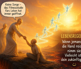 Ein Mönch reicht einem anderen die Hand und hilft ihm an einer glühenden Felsspalte auf die Beine. Hinter ihnen steigen leuchtende Abbilder derselben Gestalt auf einer zickzackförmigen Lichtbahn in den Himmel. Die Sprechblase versichert: „Keine Sorge – das Fitnessstudio fürs Leben hat immer geöffnet.“ Daneben steht: „Lebensregel #1: Wenn jemand dir die Hand reicht – nimm sie. Vielleicht ist es dein zukünftiges Ich.“