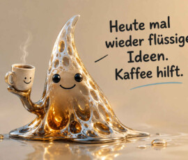 Ein lächelndes, durchsichtiges Wesen aus goldener Flüssigkeit hält eine dampfende Tasse mit Gesicht. Sein Körper zerfließt am Boden zu einer glänzenden Pfütze, ohne dass es dadurch seine gute Laune verliert. Die vielen eingeschlossenen Blasen lassen die Figur besonders leicht und beweglich erscheinen. Daneben steht: „Heute mal wieder flüssige Ideen. Kaffee hilft.“