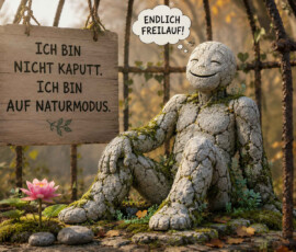 Eine lächelnde steinerne Figur sitzt entspannt zwischen Moos, kleinen Pflanzen und einer rosafarbenen Blüte. Hinter ihr befindet sich ein grober Käfig aus Ästen, der die Figur jedoch nicht mehr einzuengen scheint. Ihre Gedankenblase lautet: „Endlich Freilauf!“ Auf einem Holzschild steht: „Ich bin nicht kaputt. Ich bin auf Naturmodus.“