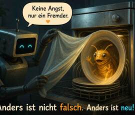 Ein freundlicher Roboter öffnet in einer dunklen Küche einen Geschirrspüler und zieht ein durchsichtiges Tuch beiseite. Im Inneren sitzt ein kleines leuchtendes Wesen in einem großen gläsernen Gefäß und winkt fröhlich. Der Roboter sagt: „Keine Angst, nur ein Fremder.“ Darunter steht: „Anders ist nicht falsch. Anders ist neu!“