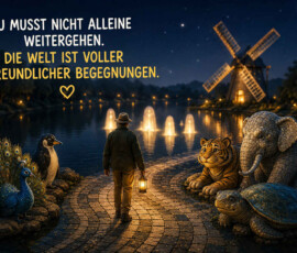 Ein Mann mit Hut und Laterne geht nachts an einem See entlang, dessen Fontänen golden leuchten. An seinem Weg warten ein Pfau, ein Pinguin, ein Tiger, ein Elefant und eine Schildkröte, während im Hintergrund eine beleuchtete Windmühle steht. Über der Szene heißt es: „Du musst nicht alleine weitergehen.“ Der zweite Satz lautet: „Die Welt ist voller freundlicher Begegnungen.“