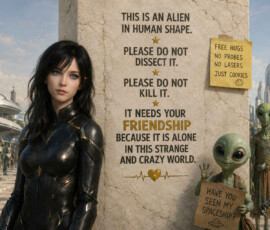 Eine schwarz gekleidete Frau steht in einer futuristischen Stadt vor einer Wand, während zahlreiche Außerirdische und ein kleiner Roboter hinter ihr warten. Die englische Wandaufschrift erklärt, sie sei ein Alien in Menschengestalt, das weder seziert noch getötet werden dürfe und in dieser seltsamen Welt Freundschaft brauche. Ein Zettel bietet kostenlose Umarmungen und Kekse statt Untersuchungen und Laserstrahlen an. Ein kleines Alien fragt auf seinem Schild: „Have you seen my spaceship?“