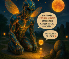 Ein riesiges geflügeltes Wesen aus dunklem, von orangefarbenem Licht durchzogenem Material kniet vor einem kleinen Kind. Beide werden von leuchtenden Kugeln und einem großen goldenen Mond erhellt. Das Wesen sagt: „Ein Funken Freundlichkeit kann einen ganzen Abend leuchten.“ Das Kind ergänzt: „Und vielleicht ein Leben.“ Darunter erinnert eine Liste daran, dass ein Lächeln, ein offenes Herz und eine nette Geste lange wirken können.