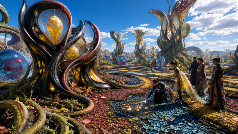 Eine Gruppe ungewöhnlich gekleideter Menschen untersucht einen weitläufigen Garten aus wurzelartigen Türmen, geschwungenen Metallhüllen und gläsernen Kugeln. In den großen dunklen Schalen hängen goldene tropfenförmige Gebilde, während blaue transparente Kapseln rote Strukturen enthalten. Eine Frau berührt ein leuchtendes Feld im wabenförmig gegliederten Boden.