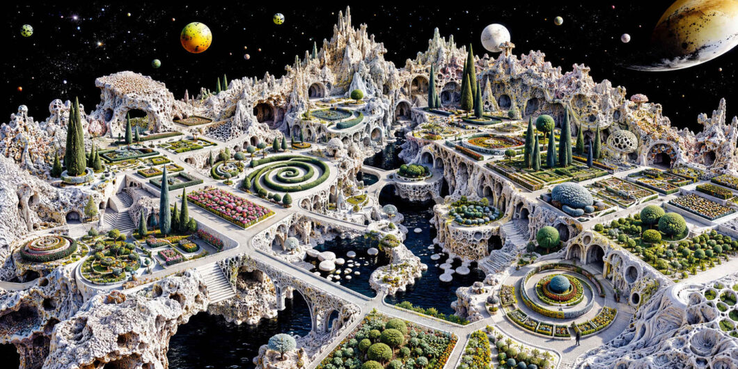 Eine weitläufige Gartenstadt aus weißem, porösem Gestein schwebt unter einem schwarzen Sternenhimmel mit zahlreichen Planeten. Geometrische Beete, Spiralgärten, Zypressen und blühende Terrassen liegen auf verschiedenen Ebenen. Filigrane Brücken führen über dunkle Wasserkanäle zu höhlenartigen Gebäuden und hohen organischen Türmen, die Landschaft, Architektur und Weltraum miteinander verbinden.