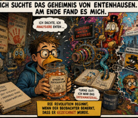 Ein junger Mann mit Brille und Entenschnabel sitzt in einem überfüllten Labor zwischen Ersatzenten, Apparaten, Büchern und bunten Comicbildern. Er hält ein Glas mit der Aufschrift „Apparatum Duckologicum“, während eine Maschine meldet: „Präferenz-Matrix aktiviert.“ Der Mann denkt: „Ich dachte, ich analysiere Enten …“, erkennt jedoch: „Turns out: Ich war das Datenmaterial.“ Darüber steht: „Ich suchte das Geheimnis von Entenhausen. Am Ende fand es mich“, und darunter: „Die Revolution beginnt, wenn der Beobachter bemerkt, dass er gezeichnet wurde.“