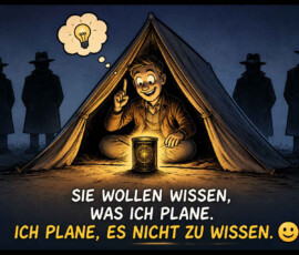 Ein lächelnder Mann sitzt nachts in einem von innen beleuchteten Zelt und hebt wie bei einem Einfall den Zeigefinger. Vor ihm steht ein leuchtendes Gefäß, während in seiner Gedankenblase eine Glühbirne erscheint. Vier dunkle Gestalten mit Hüten beobachten ihn aus dem Hintergrund. Darunter steht: „Sie wollen wissen, was ich plane. Ich plane, es nicht zu wissen.“