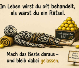Eine vollständig mit geometrischen Mustern bedeckte und von Seilen umwickelte Gestalt liegt entspannt auf einer zusammengerollten Matte. Neben ihr steht eine Holzkiste voller Zitronen mit der Aufschrift „Frisch gepresster Sinn“. Darüber steht: „Im Leben wirst du oft behandelt, als wärst du ein Rätsel.“ Der untere Text lautet: „Mach das Beste daraus – und bleib dabei gelassen“, während ein Schild „Heute: Zitrone mit Perspektive“ ankündigt.
