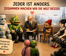 In einem hellen Raum sitzt eine ungewöhnliche Gruppe aus einem älteren Mann und mehreren sehr unterschiedlichen künstlichen und märchenhaften Wesen zusammen. Vor ihnen stehen zwei weitere Figuren, von denen eine aus einer grünen und einer rosafarbenen Hälfte besteht. Über der Gruppe steht: „Jeder ist anders. Zusammen machen wir die Welt besser.“ Eine Sprechblase ergänzt: „Gemeinsam sind wir ein großes Abenteuer.“