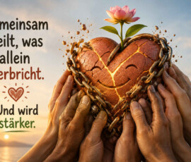 Zahlreiche Hände mit unterschiedlichen Hautfarben halten ein großes rissiges Herz. Das Herz wird von einer schweren Kette umschlungen, leuchtet jedoch golden aus seinen Bruchstellen und trägt ein lächelndes Gesicht. Aus seiner Mitte wächst eine rosafarbene Blume. Der Text lautet: „Gemeinsam heilt, was allein zerbricht. Und wird stärker.“