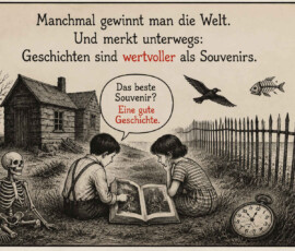 Zwei Kinder sitzen in einer verlassen wirkenden Landschaft neben einem Skelett und betrachten gemeinsam ein altes Bilderbuch. Hinter ihnen stehen ein baufälliges Holzhaus und ein langer Metallzaun, während ein Vogel und ein Fischskelett durch die Luft fliegen. Eine Sprechblase erklärt: „Das beste Souvenir? Eine gute Geschichte.“ Darüber steht: „Manchmal gewinnt man die Welt. Und merkt unterwegs: Geschichten sind wertvoller als Souvenirs.“