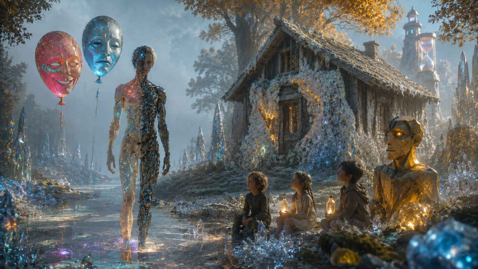 Drei Kinder sitzen mit leuchtenden Gläsern vor einem alten Haus, das von glitzernden kristallinen Ablagerungen überwachsen ist. Neben ihnen steht eine goldene künstliche Gestalt, während sich eine halb menschliche, halb technische Figur nähert. Über ihr schweben zwei große maskenhafte Gesichter wie Ballons. Warmes Abendlicht erfüllt die märchenhaft verwandelte Umgebung.