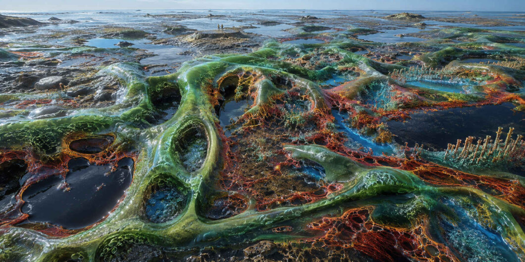 Eine weite Küstenebene ist von glänzenden grünen Membranen, roten Geflechten und dunklen Wasserbecken überzogen. Die organischen Strukturen bilden Kammern, Bögen und verzweigte Adern, zwischen denen Korallen und röhrenförmige Gewächse aufragen. Zwei winzige Menschen stehen in der Ferne und verdeutlichen die gewaltigen Ausmaße dieses lebenden Gezeitenbodens.
