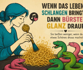 Eine Frau bürstet konzentriert einen großen Haufen aus goldenen, ineinander verschlungenen Strängen. Mehrere grüne, blaue und rosafarbene Schlangen beobachten sie neugierig. Der Bildtext lautet: „Wenn das Leben Schlangen bringt – dann bürste Glanz drauf.“ Darunter steht: „Sie beißen weniger, wenn du etwas Schönes draus machst.“