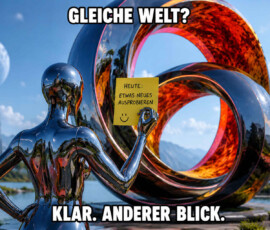 Eine spiegelnde humanoide Gestalt betrachtet in einer hellen Landschaft eine riesige verschlungene Skulptur aus glänzenden und rot glühenden Bändern. In ihrer Hand hält sie einen gelben Zettel mit der Aufschrift: „Heute: etwas Neues ausprobieren.“ Durch die spiegelnden Oberflächen erscheint die Umgebung mehrfach verändert und neu zusammengesetzt. Die Bildtexte lauten: „Gleiche Welt?“ und „Klar. Anderer Blick.“