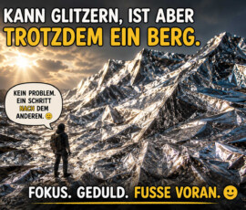 Ein einzelner Wanderer steht vor einem gewaltigen Gebirge aus zerknittertem, glänzendem Metall. Sonnenstrahlen brechen durch dunkle Wolken und spiegeln sich auf den scharfkantigen Flächen. Seine Sprechblase lautet: „Kein Problem. Ein Schritt nach dem anderen.“ Ergänzt wird die Szene durch: „Kann glitzern, ist aber trotzdem ein Berg. Fokus. Geduld. Füße voran.“