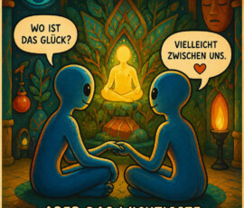 Zwei blaue Wesen sitzen einander gegenüber, halten sich an den Händen und meditieren vor einer leuchtenden goldenen Figur. Sie fragen: „Wo ist das Glück?“ und antworten: „Vielleicht zwischen uns.“ Darüber steht: „Wir suchen Antworten außerhalb …“ Die abschließende Botschaft lautet: „Aber das Wichtigste entsteht in Verbindung.“