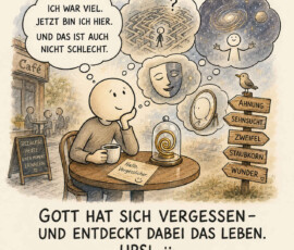 Eine schlichte Figur sitzt mit einer Tasse an einem Cafétisch und denkt über ein Labyrinth, das Universum, eine Maske und das eigene Spiegelbild nach. Vor ihr steht eine goldene Spirale unter einer Glasglocke, daneben liegt ein Zettel mit der Begrüßung „Hallo, Vergesslicher.“ Ein Wegweiser zeigt zu „Ahnung“, „Sehnsucht“, „Zweifel“, „Staubkorn“ und „Wunder“, während das Café als Spezialität „Heute: Einen Moment erinnern“ anbietet. Die Figur denkt: „Ich war viel. Jetzt bin ich hier. Und das ist auch nicht schlecht.“ Darunter steht: „Gott hat sich vergessen – und entdeckt dabei das Leben. Upsi.“