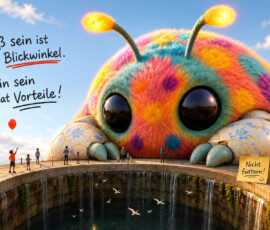 Ein gewaltiges buntes Fantasiewesen sitzt hinter einem tiefen, von Wasserfällen gesäumten Rundbecken. Zahlreiche kleine Menschen betrachten und fotografieren es, während ein Kind einen roten Luftballon steigen lässt. Links steht: „Groß sein ist ein Blickwinkel. Klein sein hat Vorteile!“ Ein Schild vor dem Wesen trägt die humorvolle Warnung: „Nicht füttern!“
