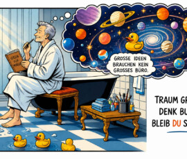 Ein älterer Mann im Bademantel sitzt neben einer Badewanne und schreibt in ein Heft mit der Aufschrift „Ideen für morgen“. In seiner Gedankenblase schweben zahlreiche Planeten sowie eine gelbe Gummiente durch den Weltraum. Auf dem Badezimmerboden sitzen weitere Enten zwischen kleinen Wasserpfützen. Die Texte lauten: „Große Ideen brauchen kein großes Büro“ und „Traum groß. Denk bunt. Bleib du selbst.“