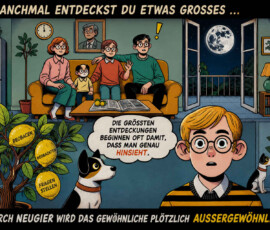 Ein Junge mit Brille blickt überrascht in die Kamera, während hinter ihm seine Familie auf einem Sofa sitzt. Neben ihm wächst ein Zitronenbaum, dessen Früchte mit „Neugier“, „Beobachten“ und „Fragen stellen“ beschriftet sind. Durch die offene Balkontür ist ein großer Vollmond zu sehen. Die Texte lauten: „Manchmal entdeckst du etwas Großes …“, „Die größten Entdeckungen beginnen oft damit, dass man genau hinsieht.“ und „Durch Neugier wird das Gewöhnliche plötzlich außergewöhnlich.“