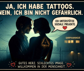 Zwei dunkel dargestellte Menschen stehen sich vor einem umzäunten und beleuchteten Waisenhaus nahe gegenüber. Auf der Schulter einer Person ist ein leuchtendes dreieckiges Tattoo zu erkennen. Über ihnen steht: „Ja, ich habe Tattoos. Nein, ich bin nicht gefährlich“, und eine Sprechblase ergänzt: „Ich unterstütze soziale Projekte.“ Die abschließende Botschaft lautet: „Gutes Herz. Schlechtes Image. Willkommen in der Menschheit.“