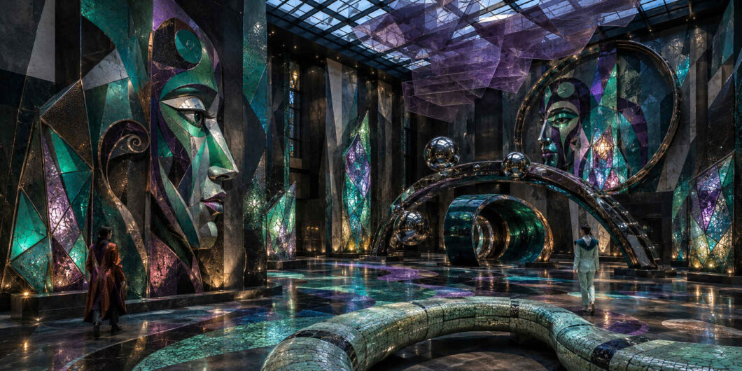 In einer dunklen, glänzenden Halle stehen zwei monumentale, geometrisch zerlegte Gesichter einander gegenüber. Türkise und violette Kristallsäulen, spiegelnde Kugeln und weit geschwungene Metallbögen füllen den Raum. Unter einem transparenten Deckengebilde gehen zwei einzelne Menschen auf die Bildnisse zu; im Vordergrund liegt eine gebogene, mosaikartig gepflasterte Form.