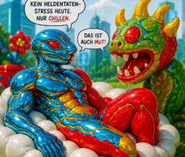 Zwei farbenfrohe Fantasiehelden entspannen gemeinsam in einem weichen Nest aus weißen Kugeln. Der blau glänzende Held sagt: „Kein Heldentaten-Stress heute. Nur chillen.“ Sein grüner, gehörntes Gegenüber antwortet: „Das ist auch Mut!“ Darüber steht: „Manchmal ist die beste Idee: einfach mal entspannen.“ Das Fazit lautet: „Die Welt retten kann warten. Dein Wohlbefinden nicht.“