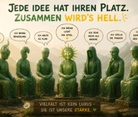 Sieben unterschiedliche grüne Figuren sitzen in einer Berglandschaft nebeneinander, darunter Gestalten mit flammenförmigem Kopf, Kapuze und Sonnengesicht. In Sprechblasen erklären sie ihren jeweiligen Beitrag: Funken, Bewegung, Klarheit, Licht, besondere Sichtweisen, Fragen und einen gemeinsamen Rahmen. Über ihnen steht: „Jede Idee hat ihren Platz. Zusammen wird’s hell.“ Ein Schild ergänzt: „Vielfalt ist kein Luxus – sie ist unsere Stärke.“
