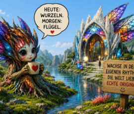 Ein kleines Wesen, dessen Körper aus Wurzeln und farbigen Flügeln besteht, sitzt mit einer Tasse am Ufer eines klaren Sees. Auf der anderen Seite erhebt sich ein prächtiges Gebäude mit bunten, glasartigen Flügeln. Das Wesen sagt: „Heute: Wurzeln. Morgen: Flügel.“ Ein Schild ergänzt: „Wachse in deinem eigenen Rhythmus. Die Welt liebt echte Originale.“