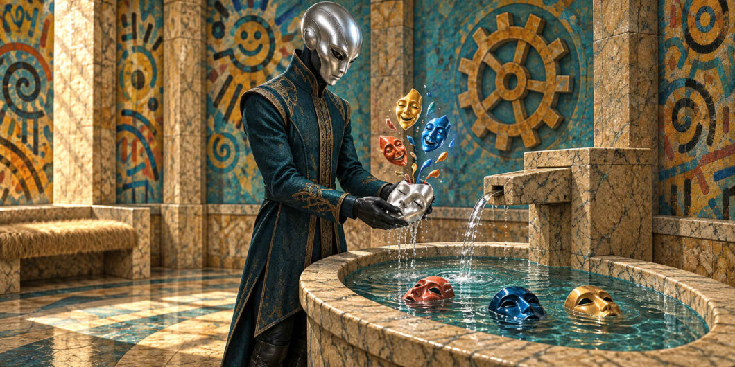Eine schlanke, silberköpfige Gestalt steht an einem steinernen Wasserbecken in einem farbig ornamentierten Raum. In ihren Händen hält sie eine silberne Maske, aus der Wasser in das Becken tropft. Rote, blaue und goldene Masken schwimmen auf der Wasseroberfläche, weitere lachende Masken steigen aus der gehaltenen Maske empor.
