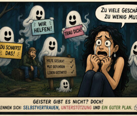 Eine verängstigte Frau sitzt weinend in einem dunklen Wald und wird von mehreren freundlich lächelnden Geistern umringt. Die Geister halten Schilder mit den Aufschriften „Du schaffst das!“, „Wir helfen!“ und „Trau dich!“ Ein weiteres Schild meldet: „Hilfe gesucht“, „Mut gefunden“ und „Leben gestartet“. Unten steht: „Geister gibt es nicht? Doch! Sie nennen sich: Selbstvertrauen, Unterstützung und ein guter Plan.“