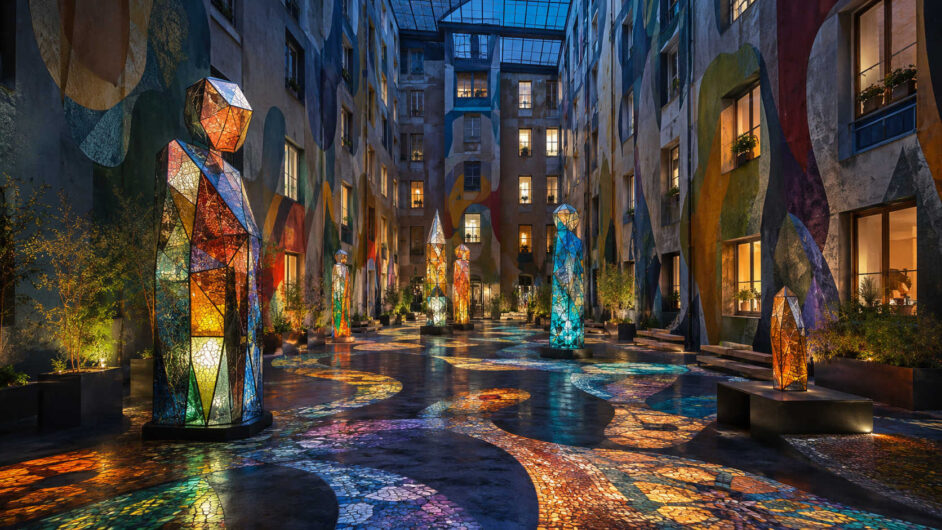 In einem hohen städtischen Innenhof stehen zahlreiche abstrakte menschenähnliche Figuren aus farbigem Glas. Ihre geometrischen Körper leuchten in Orange, Blau, Grün und Violett und werfen mosaikartige Muster auf den dunklen Boden. Auch die Fassaden sind mit großen farbigen Formen bemalt. Beleuchtete Fenster und Pflanzen lassen den ungewöhnlichen Versammlungsort bewohnt erscheinen.