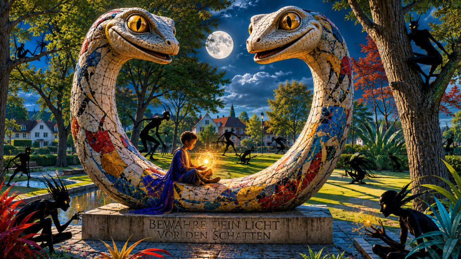 Ein Kind sitzt mit einer goldenen Lichtkugel zwischen zwei riesigen, lächelnden Echsenköpfen aus buntem Mosaik. Im nächtlichen Park nähern sich zahlreiche schwarze, langgliedrige Schattenwesen. Einige tragen selbst kleine Lichtkugeln. Auf dem steinernen Sockel unter dem Kind steht die Aufforderung: „Bewahre dein Licht vor den Schatten“.