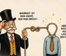Ein Zauberkünstler mit Zylinder und Monokel hält ein langes Seil, das sich vor ihm zu einem komplizierten Knoten windet. Das andere Ende bildet anstelle des Kopfes eines Mannes eine große leere Schlaufe. Über der Szene steht: „Wahrheit ist kein Knopf, den man drückt.“ Daneben lautet die Ergänzung: „Aber ein bisschen Humor lockert den Knoten.“