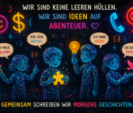 Vier Kinder in farbenfroher Kleidung stehen vor einem dunklen Hintergrund voller leuchtender Symbole. Sie malen Möglichkeiten, lösen Rätsel, entwickeln Ideen und erschaffen Freiheit. Über ihnen steht: „Wir sind keine leeren Hüllen. Wir sind Ideen auf Abenteuer.“ Der untere Bildtext lautet: „Gemeinsam schreiben wir morgens Geschichten.“