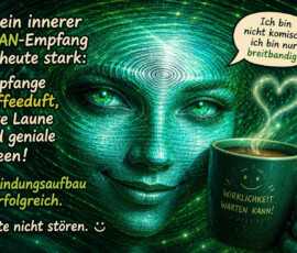 Ein grün leuchtendes Gesicht scheint aus unzähligen kreisförmigen Datenlinien zu bestehen und hält eine dampfende Tasse. Der Bildtext verkündet: „Mein innerer WLAN-Empfang ist heute stark: Empfange Kaffeeduft, gute Laune und geniale Ideen!“ Die Figur sagt: „Ich bin nicht komisch, ich bin nur breitbandig!“ Weitere Aufschriften lauten: „Verbindungsaufbau erfolgreich. Bitte nicht stören.“ und „Wirklichkeit warten kann!“