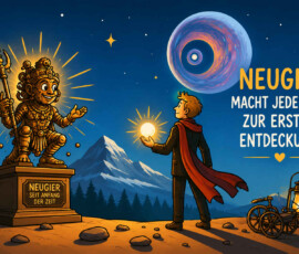 Ein junger Mann mit rotem Schal hält in einer nächtlichen Landschaft eine leuchtende Kugel in den Händen. Neben ihm steht eine lächelnde goldene Statue mit Dreizack auf einem Sockel, dessen Schild die Aufschrift „Neugier seit Anfang der Zeit“ trägt. Am Himmel erscheint ein riesiger fremdartiger Planet, während eine kleine Maschine und eine Laterne am Boden stehen. Über der Szene steht: „Neugier macht jeden Tag zur ersten Entdeckung.“
