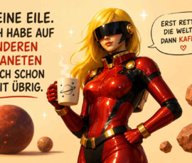 Eine blonde Weltraumheldin in einem glänzenden roten Anzug steht zwischen schwebenden Planeten und Felsbrocken. In einer Hand hält sie eine dampfende Tasse mit einem Planetenmotiv. Der Bildtext lautet: „Keine Eile. Ich habe auf anderen Planeten auch schon Zeit übrig.“ Sie sagt: „Erst rette die Welt … dann Kaffee.“